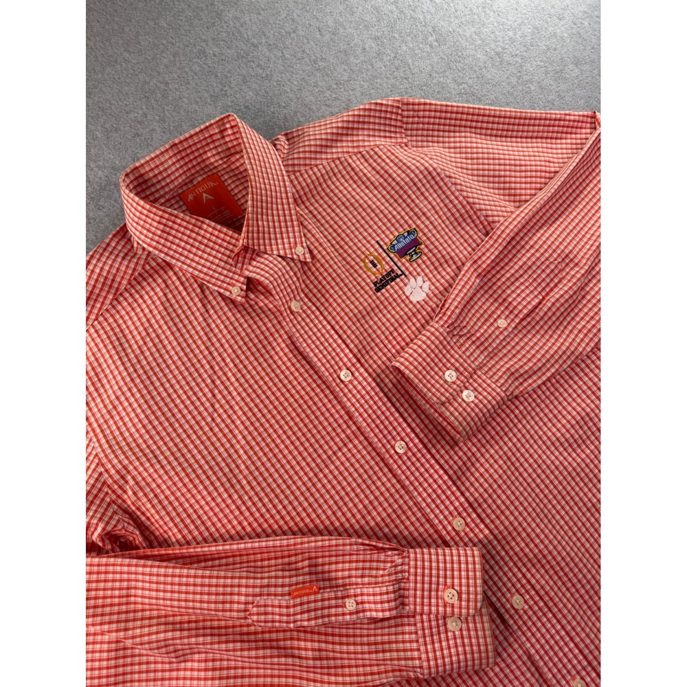 Antigua Clemson Tigers Sugar Bowl Playoff Semifinal Gingham Shirt Mens L Orange
